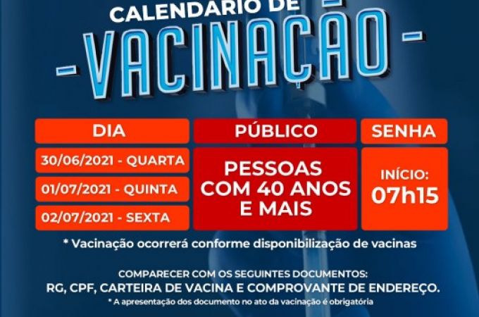 Calendário de Vacinação COVID-19 - 29 JUNHO 2021