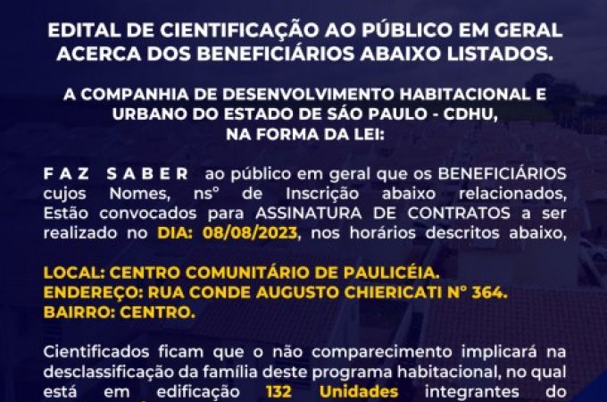 EDITAL DA CDHU PARA CIENTIFICAÇÃO AO PÚBLICO EM GERAL ACERCA DA LISTA DE BENEFICIÀRIOS CONVOCADOS