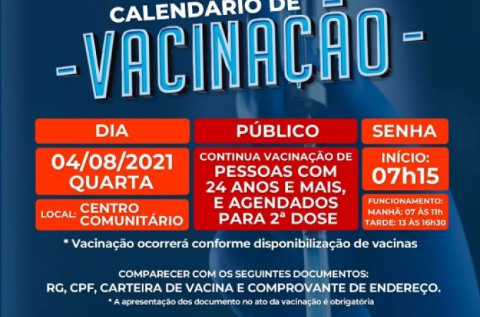 Calendário de Vacinação COVID-19 - 03 AGOSTO 2021
