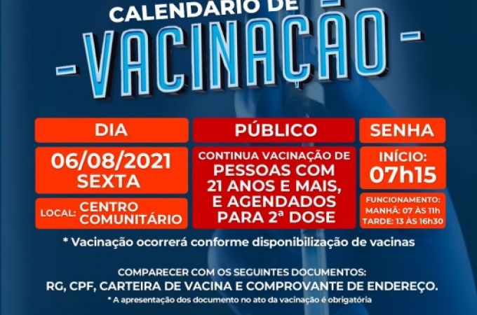 Calendário de Vacinação COVID-19 - 06 AGOSTO 2021