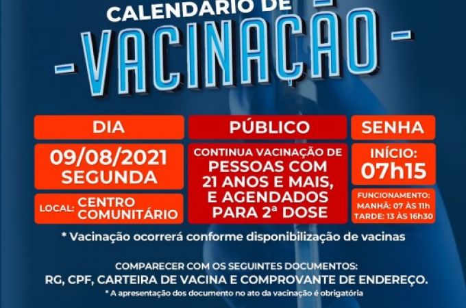 Calendário de Vacinação COVID-19 - 09 AGOSTO 2021