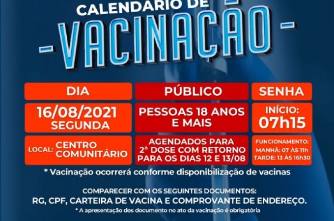 Calendário de Vacinação COVID-19 - 14 AGOSTO 2021