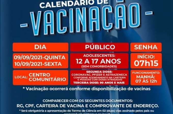 Calendário de Vacinação COVID-19 - 09 e 10 SETEMBRO 2021