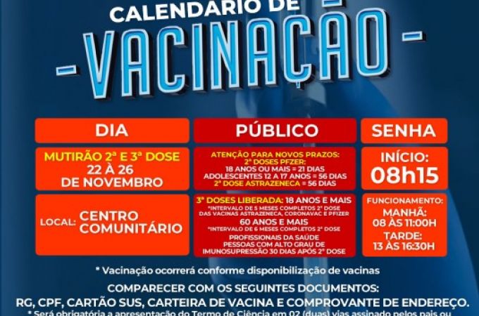 Calendário de Vacinação COVID-19 - 22 NOVEMBRO 2021