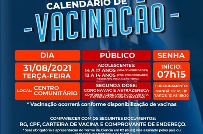 Calendário de Vacinação COVID-19 - 31 AGOSTO 2021