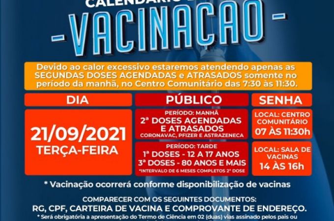Calendário de Vacinação COVID-19 - 20 SETEMBRO 2021